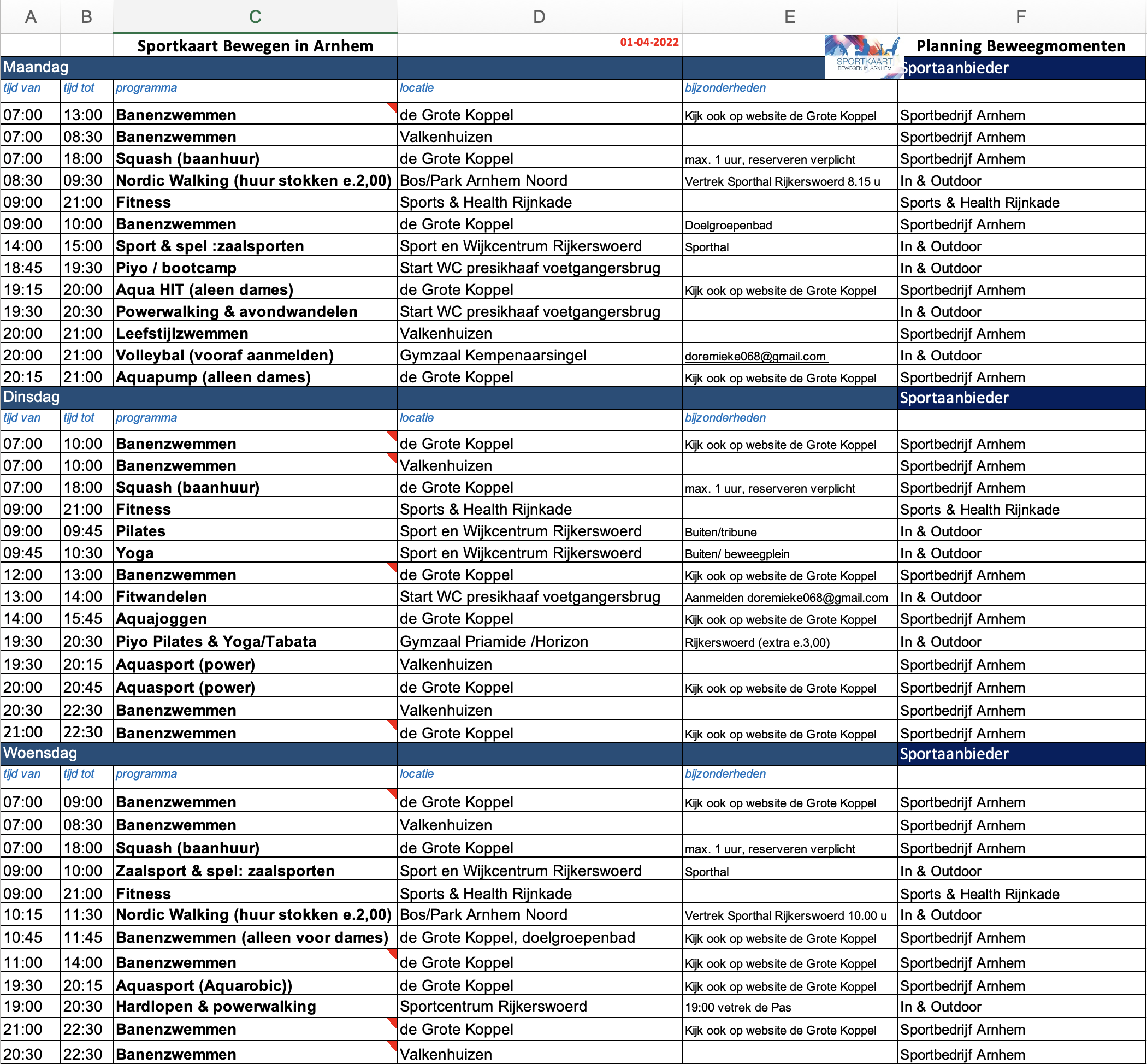 Sportkaart, bewegen in Arnhem, agenda vanaf 1-4-22 wo:zo